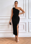 PRETTYGARDEN Summer One Shoulder Long Formal Women's Dress Sleeveless Ruched Bodycon Wedding Guest Slit Maxi Dresses