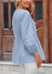 Babydoll Trendy 3/4 Length Puff Sleeve Bow Tie Front Cute Peplum Blouses