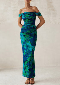 Ruched Bodycon Off Shoulder Floral Mesh Cocktail Party Fitted Maxi Dress