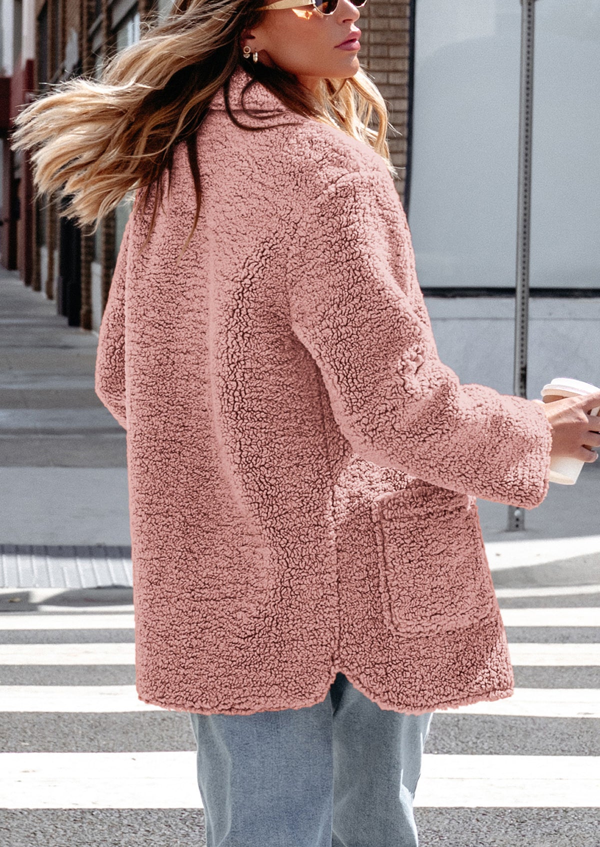 Long Sleeve Lapel Button Down Pockets Fleece Faux Fur Coats