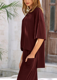 Short Sleeve Pullover Tops And Wide Leg Pants Two Piece Sets