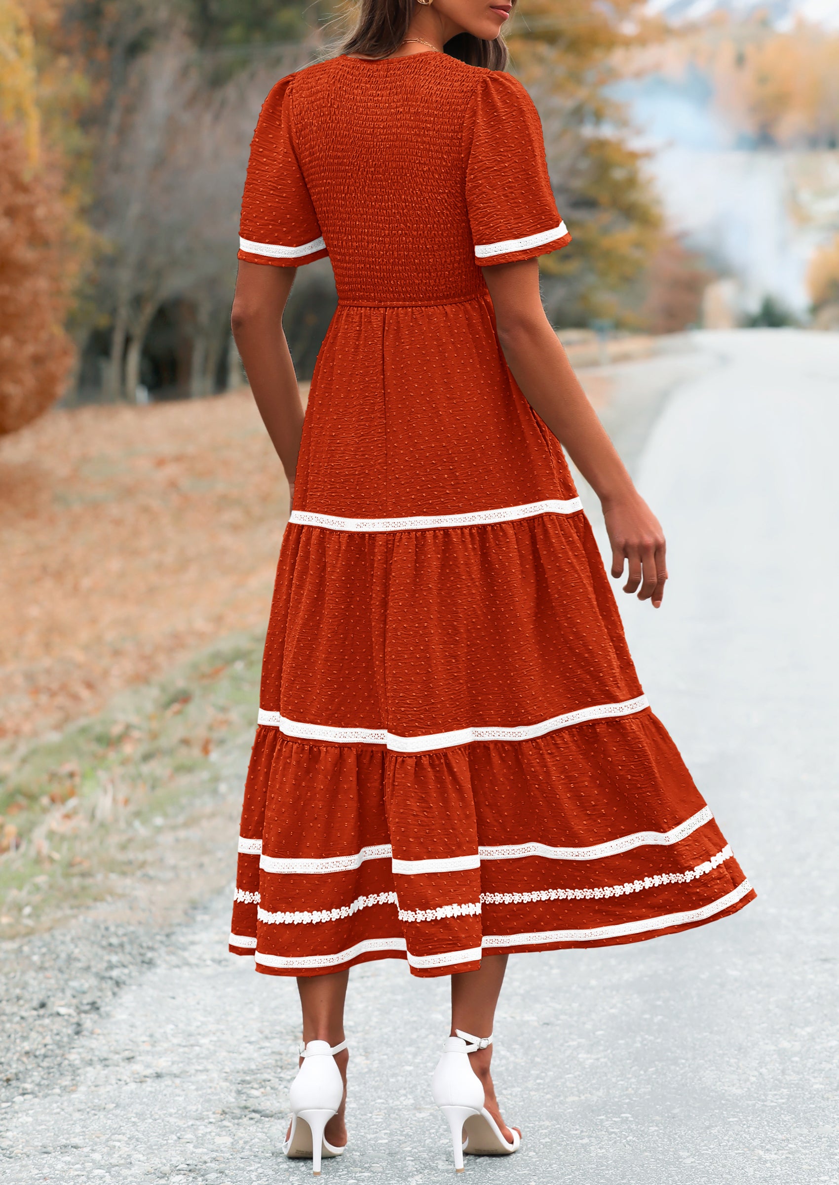 PRETTYGARDEN Women's Casual Summer Maxi Dress Short Sleeve Swiss Dot V Neck Smocked Long Flowy Beach Dresses
