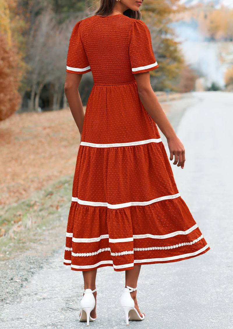 PRETTYGARDEN Women's Casual Summer Maxi Dress Short Sleeve Swiss Dot V Neck Smocked Long Flowy Beach Dresses