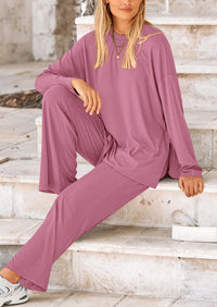 Long Sleeve High Low Tops T-Shirts Wide Leg Pants Two Piece Sets