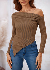 Long Sleeve Y2K Crop Top Off Shoulder Asymmetrical Fitted Knit Blouses