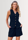 PRETTYGARDEN Women's Summer 2 Piece Outfits Sleeveless Matching Sets Button Down V Neck Vest Waistcoat and Pockets Shorts