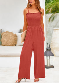 Linen Smocked Spaghetti Strap Pockets Wide Leg Jumpsuits