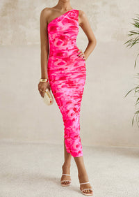 One Shoulder Bodycon Printed Ruched Mesh Party Cocktail Fitted Long Dress