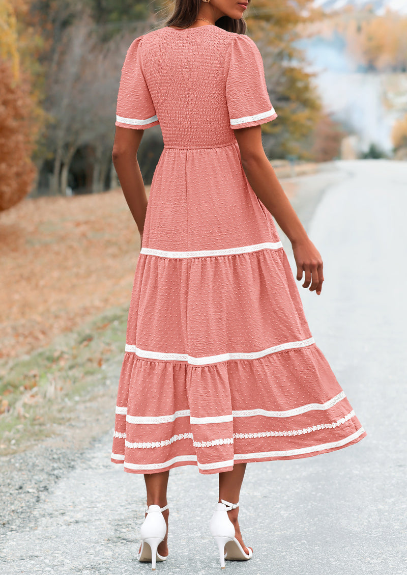 PRETTYGARDEN Women's Casual Summer Maxi Dress Short Sleeve Swiss Dot V Neck Smocked Long Flowy Beach Dresses