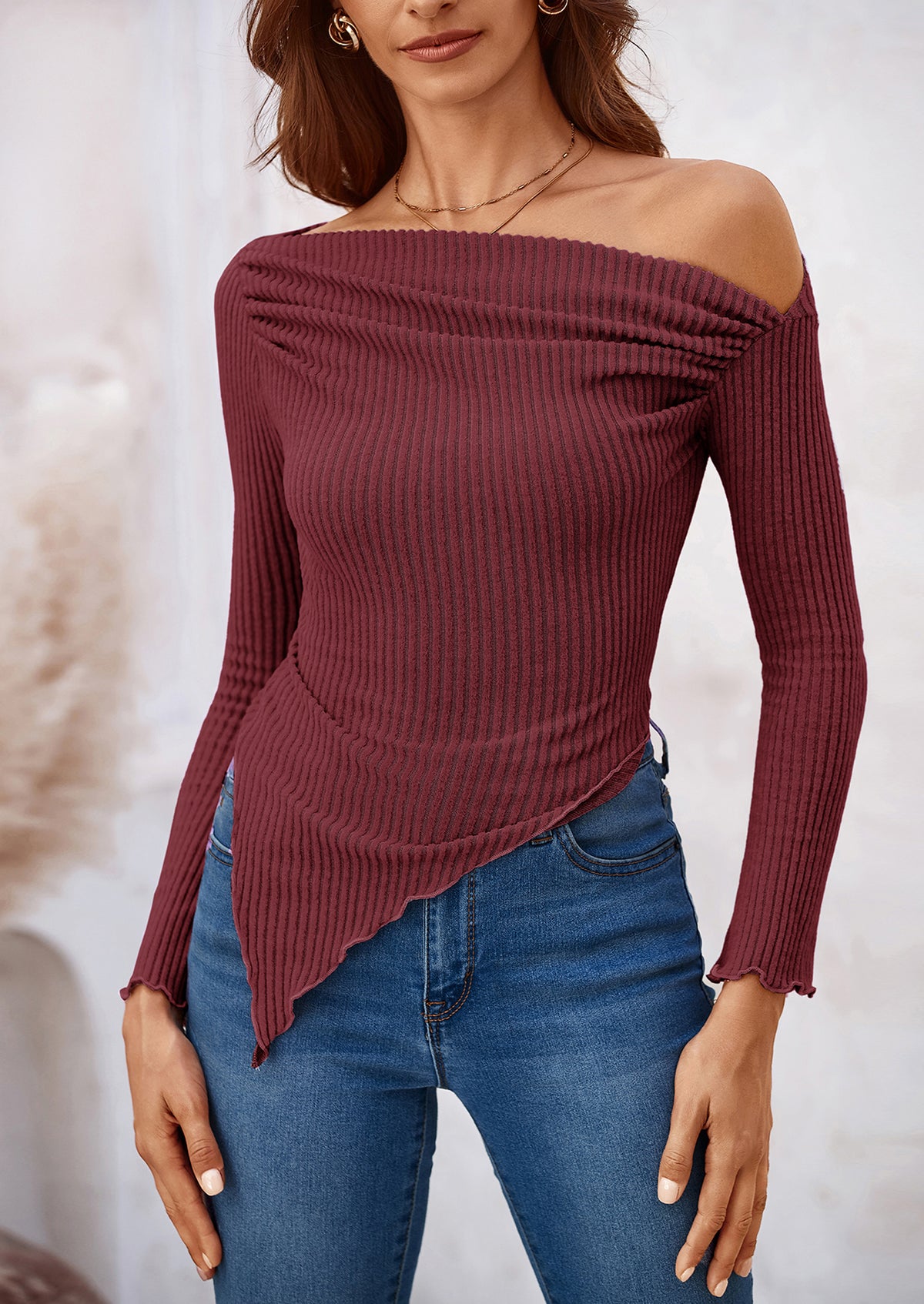 Long Sleeve Y2K Crop Top Off Shoulder Asymmetrical Fitted Knit Blouses
