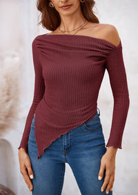 Long Sleeve Y2K Crop Top Off Shoulder Asymmetrical Fitted Knit Blouses