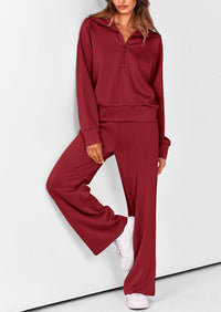 Flip Collar Half Zip Top And Wide Leg Pants Casual Two-Piece Set