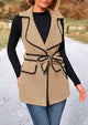 Tweed Sleeveless Lapel Button Front Belt Color Block Vest Jackets