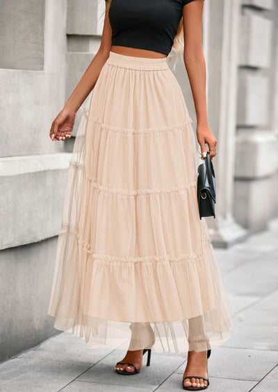PRETTYGARDEN Maxi Skirts for Women Fall Tulle High Waisted Ruffle Flowy A-Line Long Skirt Country Concert Outfits