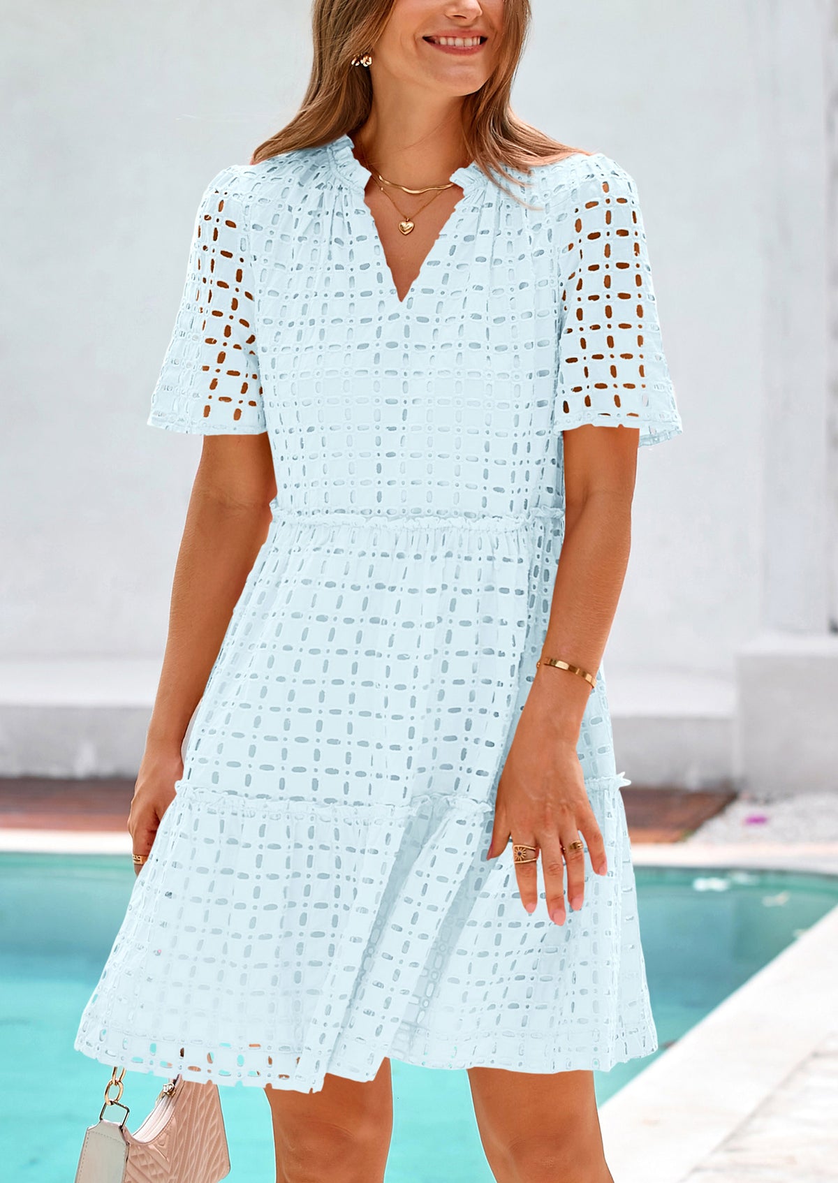 Short Sleeve V Neck Hollow Out Eyelet Ruffle A Line Swing Mini Dress