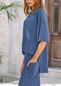 Casual Slit Short Sleeved Top, Loose Wide Leg Pants Two-Piece Set