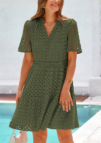 Short Sleeve V Neck Hollow Out Eyelet Ruffle A Line Swing Mini Dress