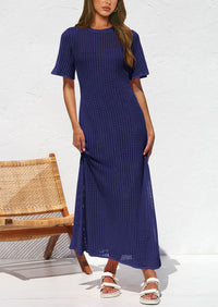 Eyelet Beach Vacation Resort Short Sleeve Hollow Out Dress Cover Up Maxi Dresses