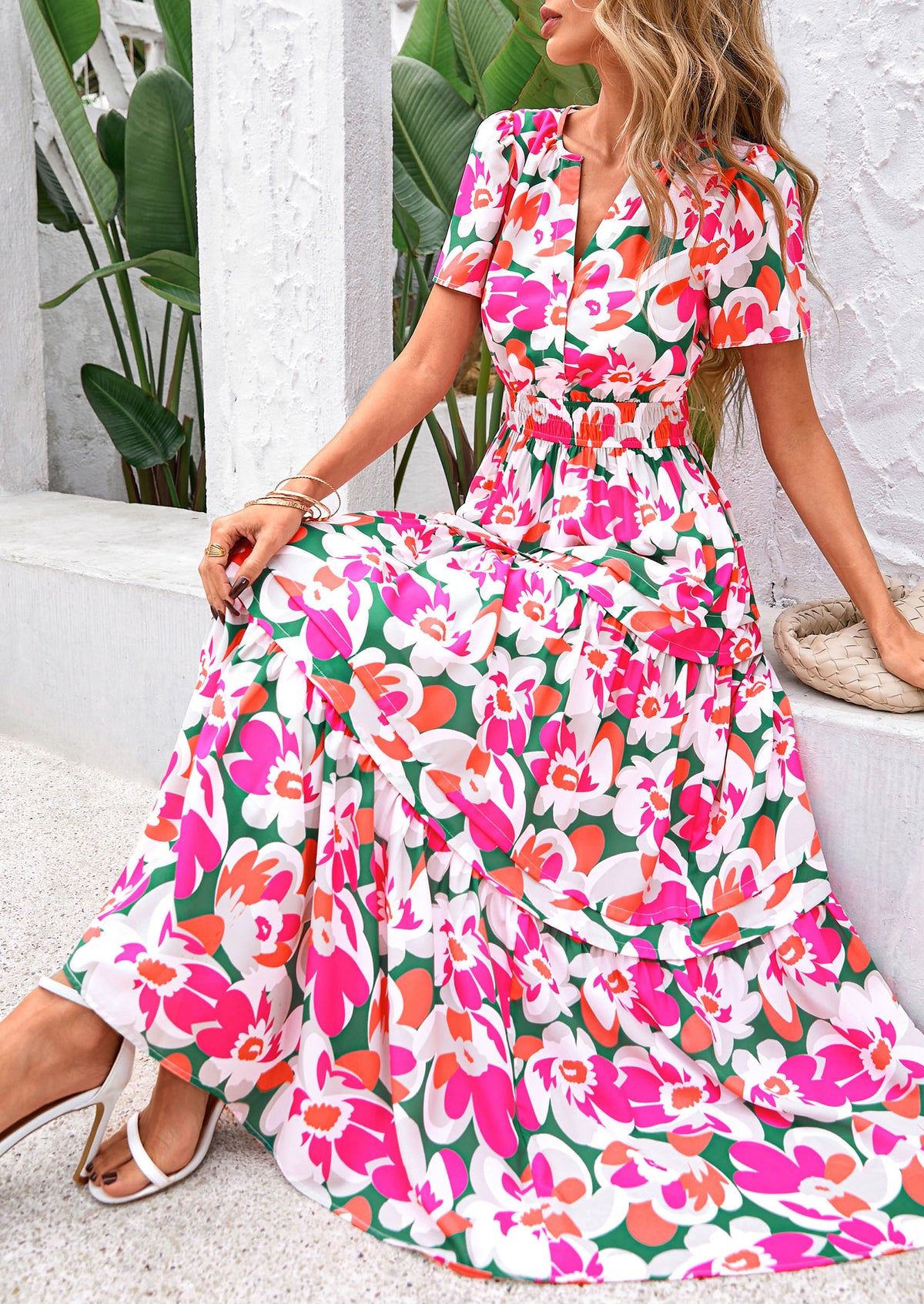 Boho Floral Short Sleeve V Neck A Line Tiered Ruffle Flowy Long Beach Vacation Maxi Dresses