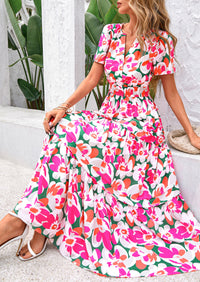 Boho Floral Short Sleeve V Neck A Line Tiered Ruffle Flowy Long Beach Vacation Maxi Dresses