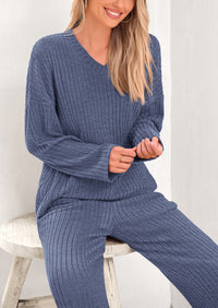 Knitted Long Sleeved V-Neck Pullover, Wide Leg Long Pants Two-Piece Set