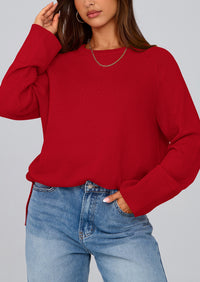 Knit Long Sleeve Crew Neck Split Hem Loose Oversized Tunic Sweaters