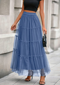 PRETTYGARDEN Maxi Skirts for Women Fall Tulle High Waisted Ruffle Flowy A-Line Long Skirt Country Concert Outfits