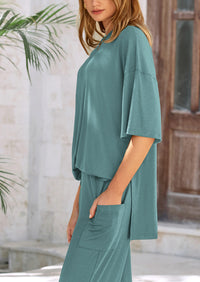 Short Sleeve Pullover Tops And Wide Leg Pants Two Piece Sets