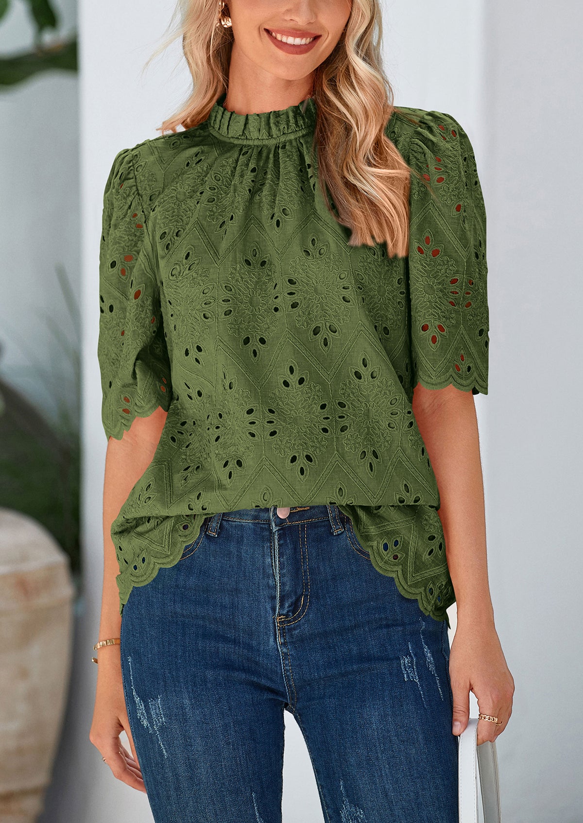 Short Sleeve Eyelet Embroidered Dressy Casual Blouse