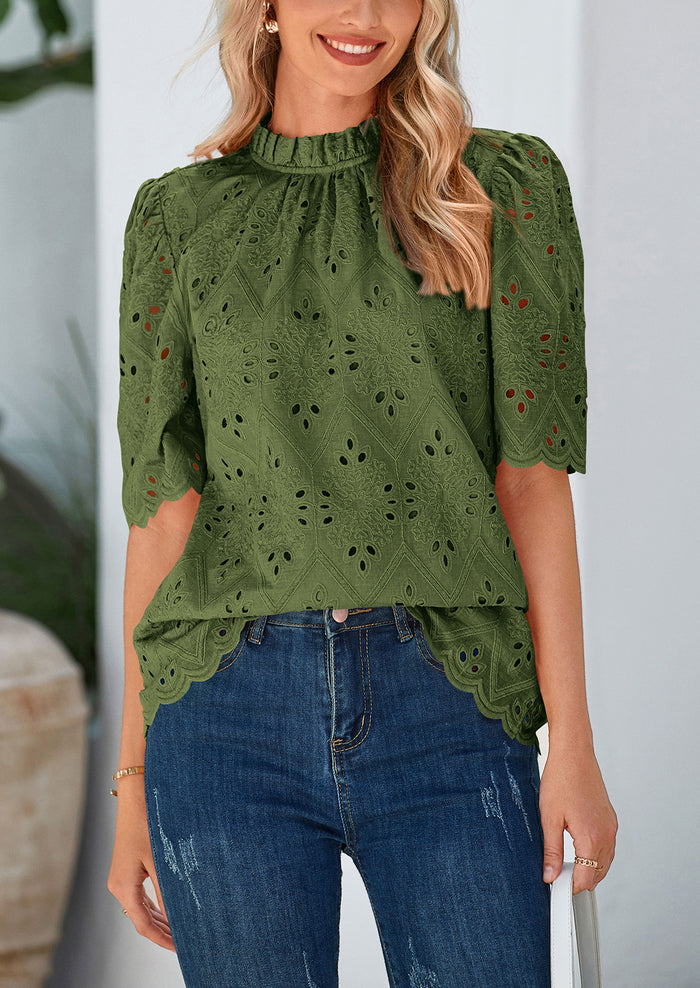 Short Sleeve Eyelet Embroidered Dressy Casual Blouse
