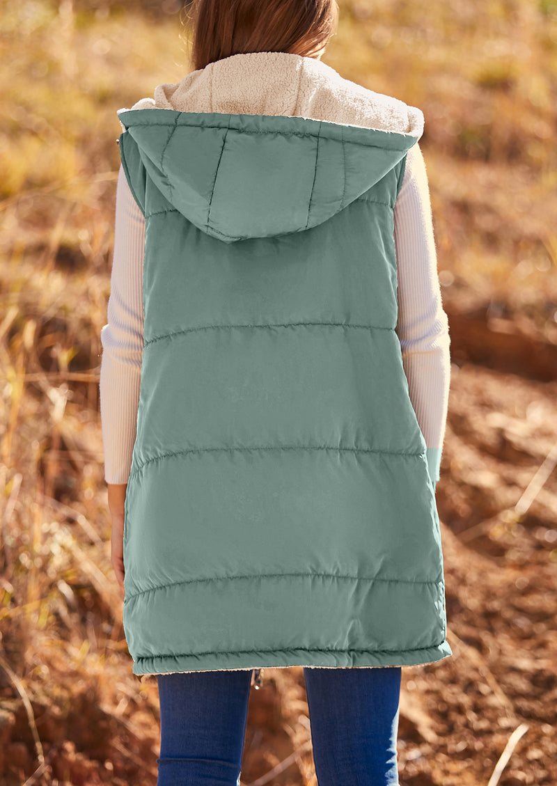 PRETTYGARDEN Womens Fall Reversible Vests Sleeveless Fleece Jacket Zip Up Hoodie Pockets Long Warm Winter Coat Outerwear