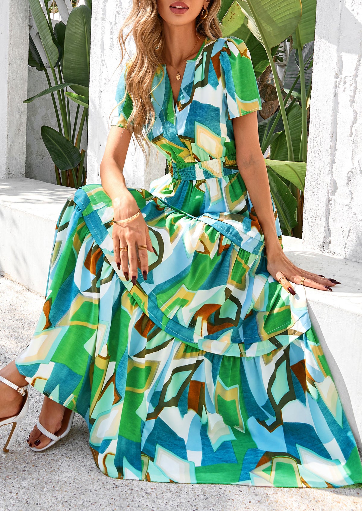 Boho Floral Short Sleeve V Neck A Line Tiered Ruffle Flowy Long Beach Vacation Maxi Dresses