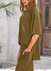 Short Sleeve Pullover Tops And Wide Leg Pants Two Piece Sets