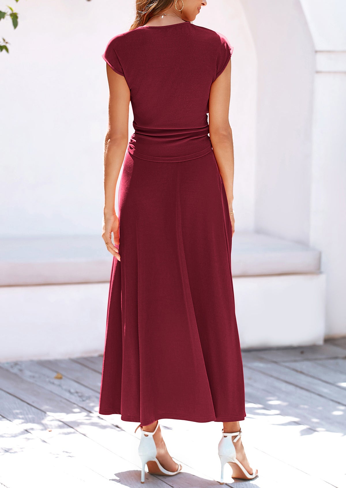 Casual Knit Short Sleeve Crop Top High Waist Skirt 2 Piece Sets
