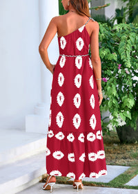 One Shoulder Spaghetti Strap Printed A Line Flowy Boho Maxi Long Sundress