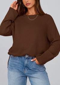Knit Long Sleeve Crew Neck Split Hem Loose Oversized Tunic Sweaters