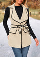 Tweed Sleeveless Lapel Button Front Belt Color Block Vest Jackets