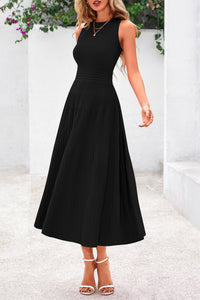 Sleeveless Crew Neck Knit A Line Pleated Swing Wedding Guest Casual Midi Dresses