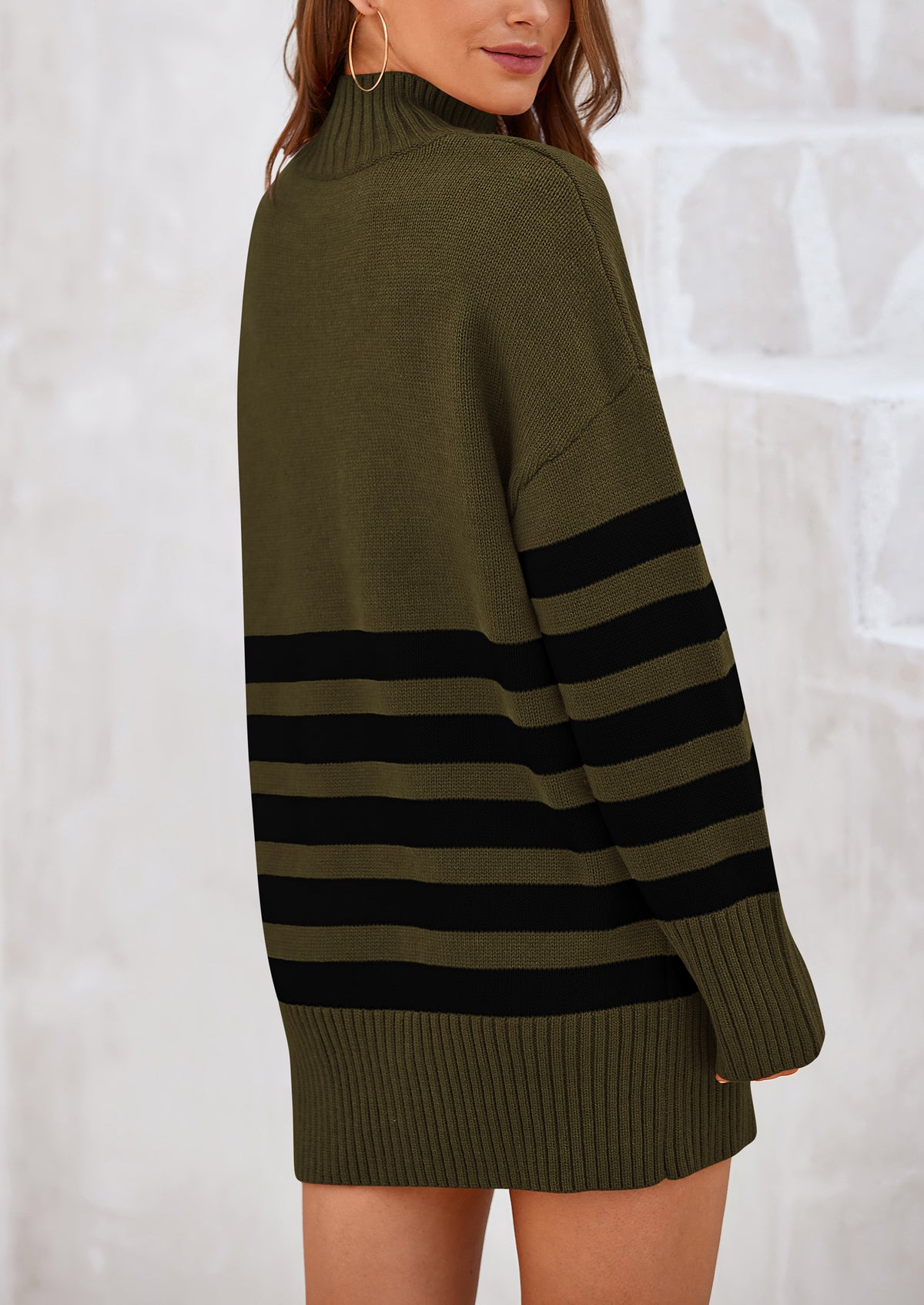 Striped Turtleneck Long Sleeve Loose Fit Chunky Knit Casual Mini Sweater Dresses