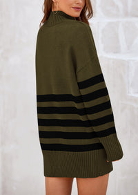 Striped Turtleneck Long Sleeve Loose Fit Chunky Knit Casual Mini Sweater Dresses