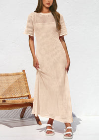 Eyelet Beach Vacation Resort Short Sleeve Hollow Out Dress Cover Up Maxi Dresses