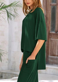 Casual Slit Short Sleeved Top, Loose Wide Leg Pants Two-Piece Set