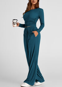 Long Sleeve Crop Tee Wide Leg Pants Two Piece Sets