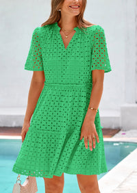 Short Sleeve V Neck Hollow Out Eyelet Ruffle A Line Swing Mini Dress