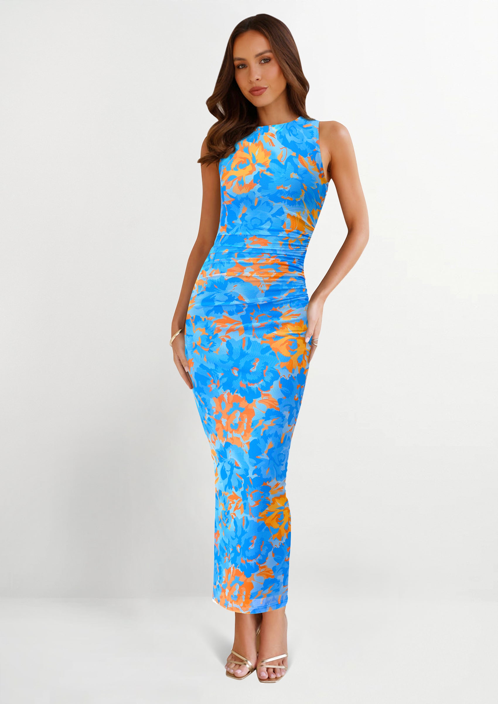 PRETTYGARDEN Wedding Guest Dresses for Women Spring Floral Bodycon Sleeveless Mesh Maxi Long Dress