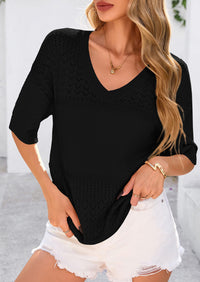 Short Sleeved Casual V-Neck Knitted Small Eye Shirt