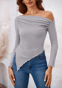 Long Sleeve Y2K Crop Top Off Shoulder Asymmetrical Fitted Knit Blouses