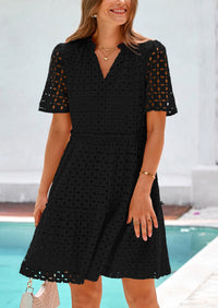 Short Sleeve V Neck Hollow Out Eyelet Ruffle A Line Swing Mini Dress