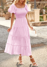 Casual Short Sleeved Square Neck Layered Pleated Dress