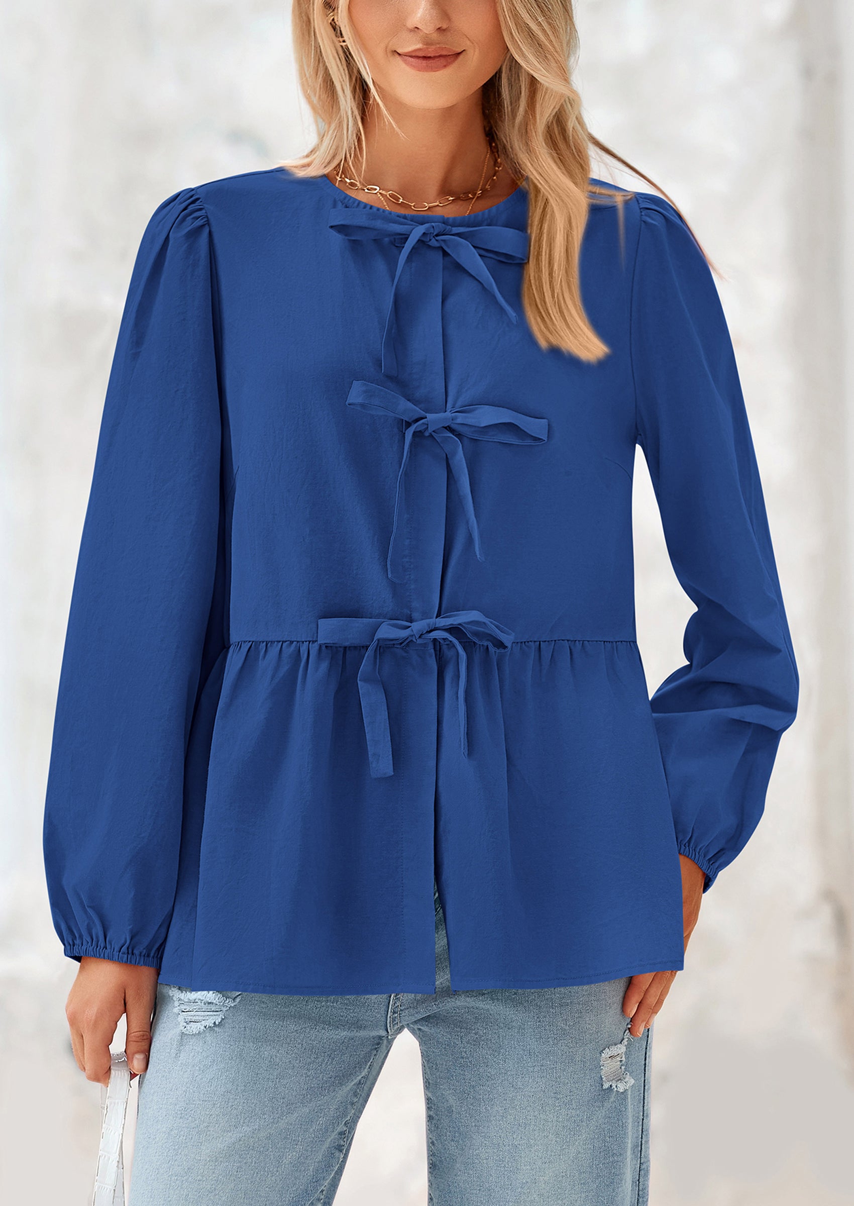 PRETTYGARDEN Women's Spring Fall Babydoll Peplum Blouse Shirt Puff Long Sleeve Bow Tie Front Trendy Cute Y2K Going Out Tops